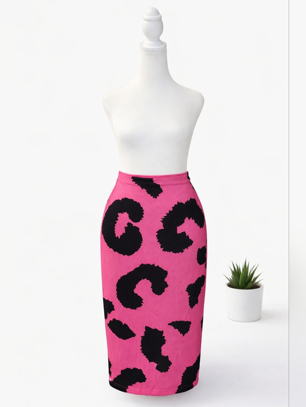 Pink & Black Leopard Print Midi Skirt | Bodycon High Waist - Picture 2 of 4
